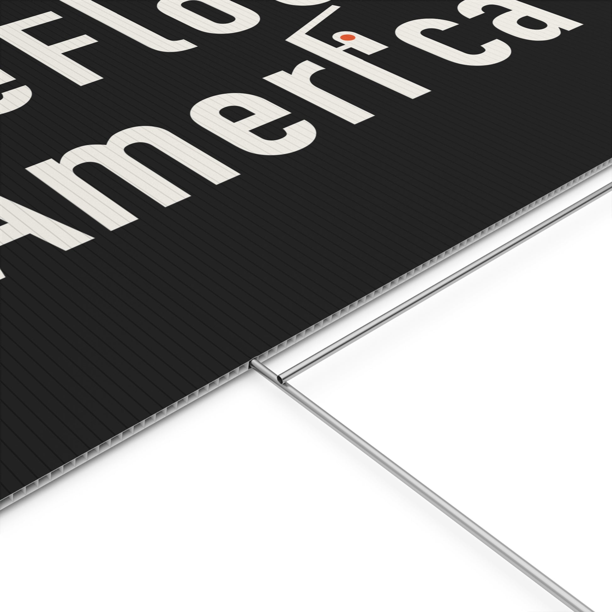 DeFlock America ALPR surveillance yard sign by Unruly Thread, angled view.