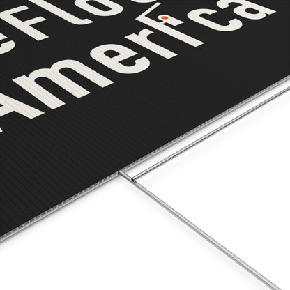 DeFlock America ALPR surveillance yard sign by Unruly Thread, angled view.