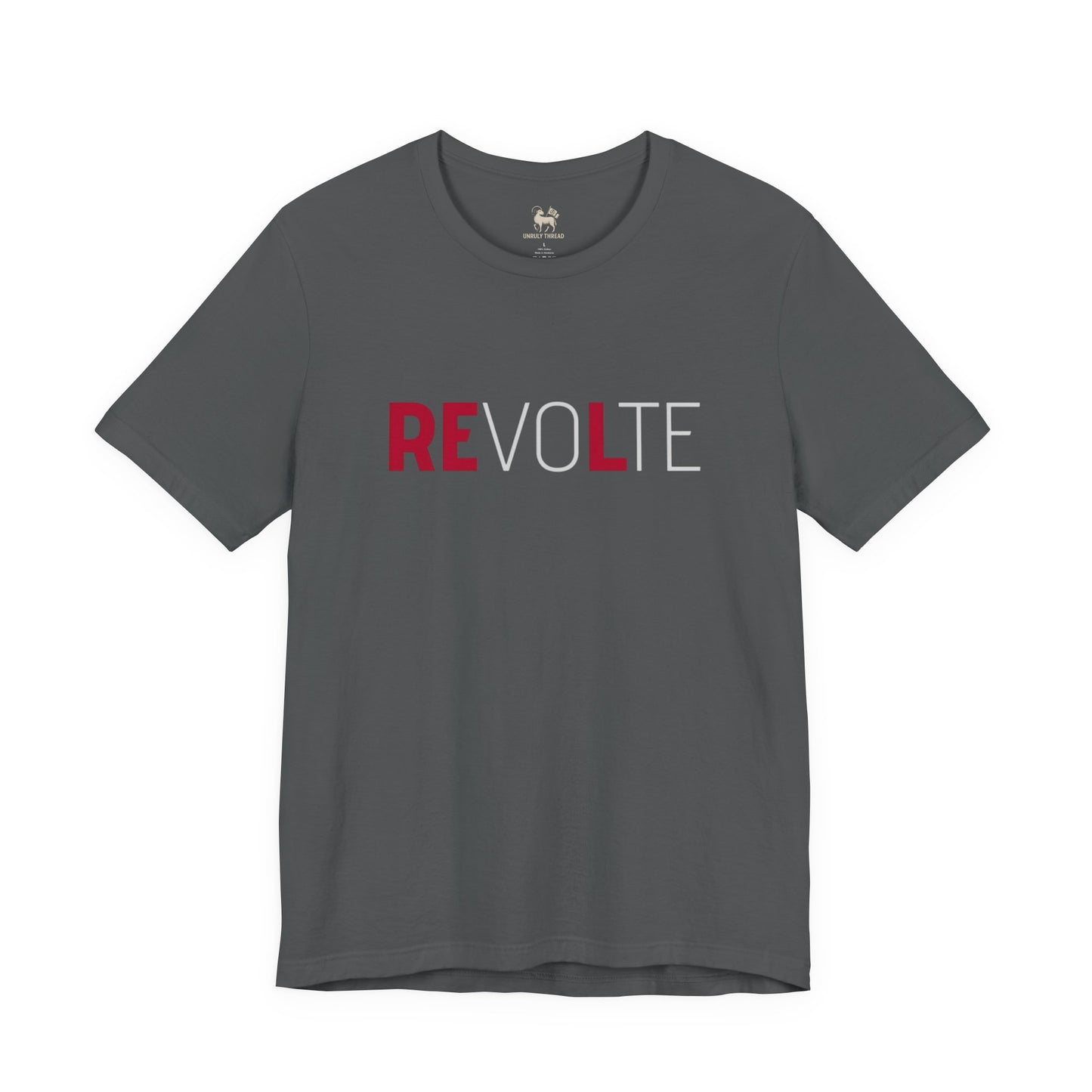 Asphalt grey VOTE → REVOLT Truth Demand tee by Unruly Thread — REVOLT chest print, RE in red.