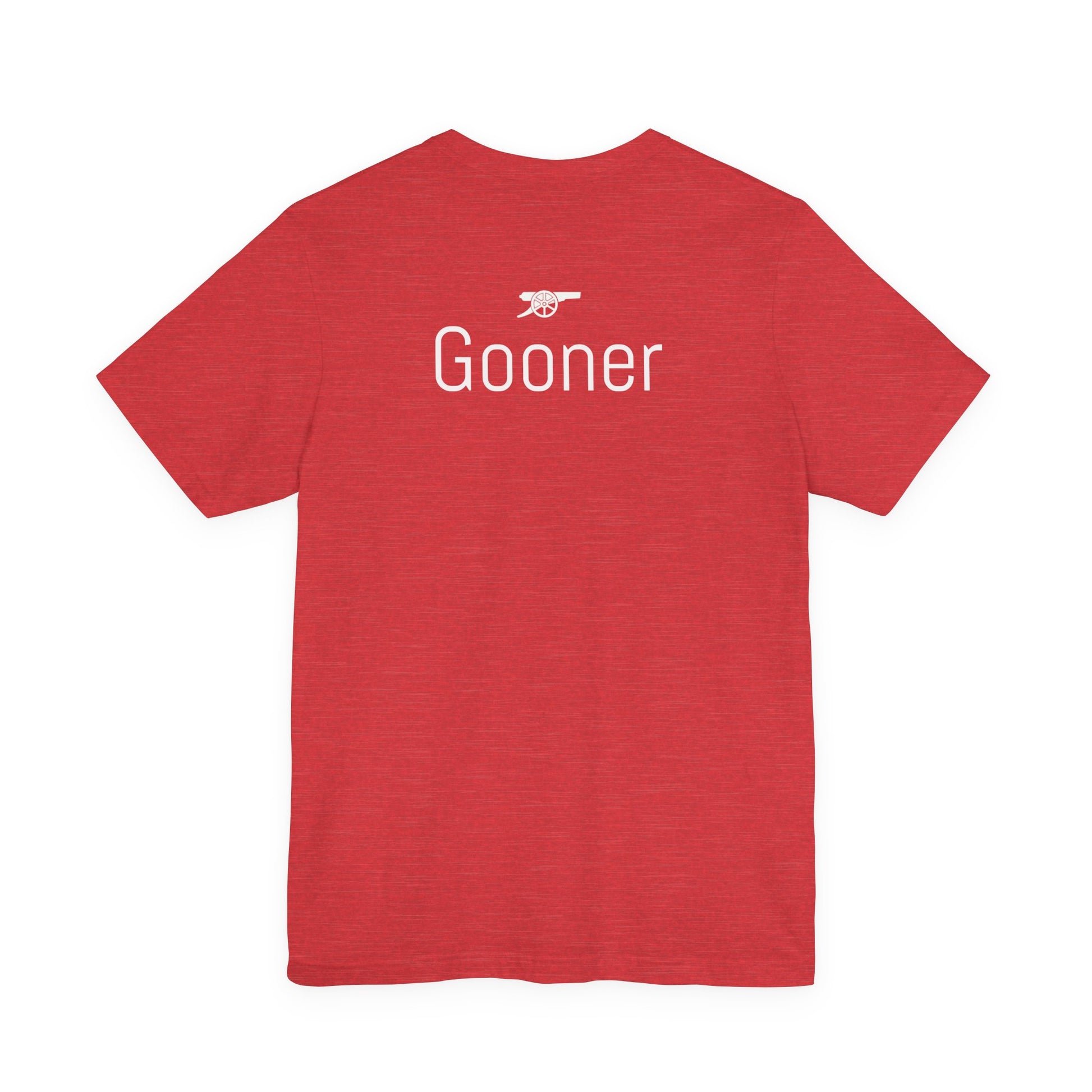 Lifestyle view of the Ooh to Be a Gooner Arsenal terrace chant tee by Unruly Thread — chant lyrics visible across the chest.