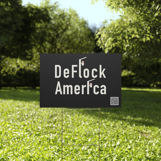 DeFlock America yard sign by Unruly Thread — DeFlock stacked over America with Flock ALPR surveillance cameras forming the letters, on a lawn stake.
