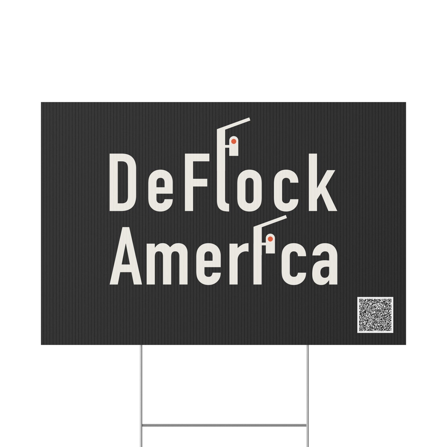 DeFlock America yard sign staked on a lawn — anti-ALPR neighbourhood signage by Unruly Thread.