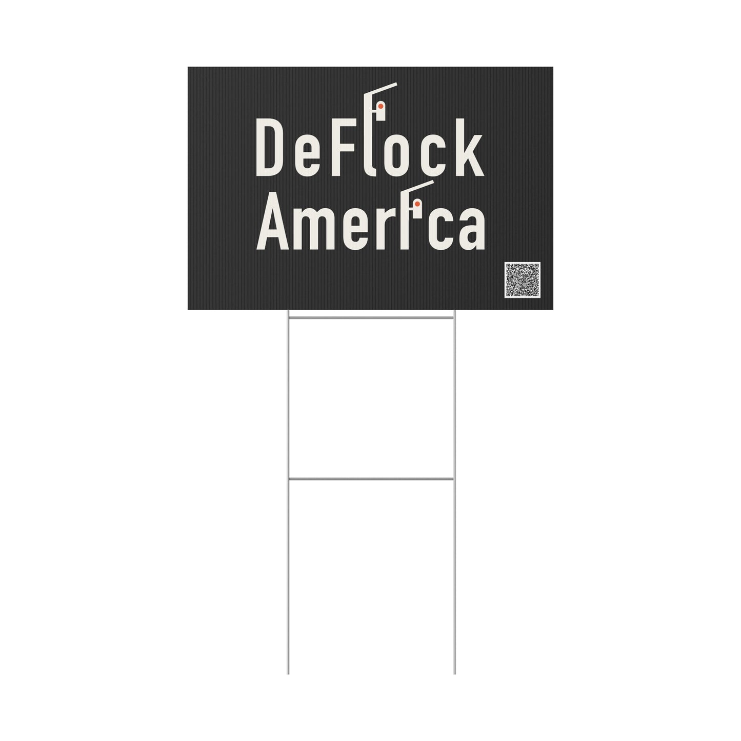 Close-up of the DeFlock America yard sign print — pole-mounted licence plate reader with solar panel and orange lens.